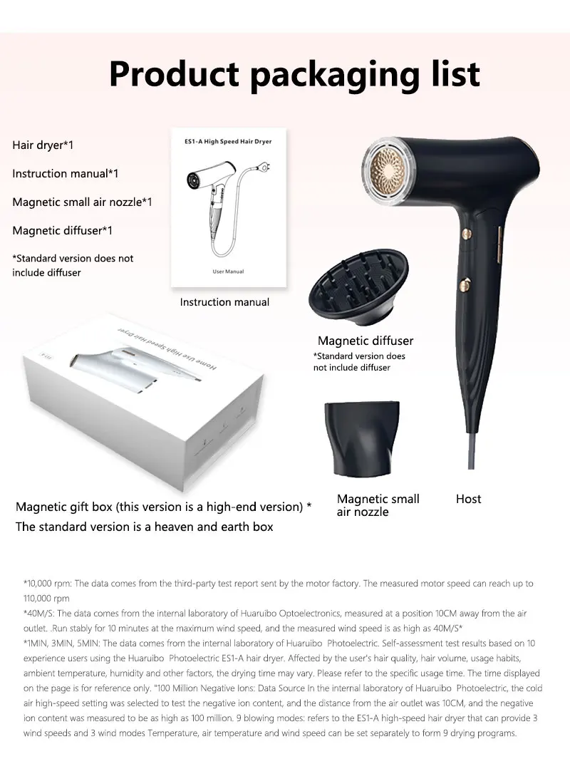 110000 RPM High-Speed Electric Foldable Hair Dryer 1500W Portable Ionic Blow Dryer with Diffuser and Negative Ion for Hotels