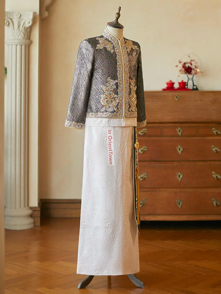 Traje Tang tostado para novio chino, conjunto de matrimonio para hombre, bordado Vintage Oriental, ropa Hanfu para celebración de boda y novio
