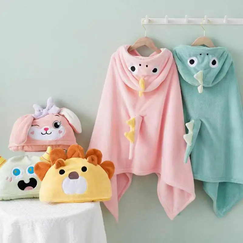 

Cartoon Hooded Towels Kids Absorbent Coral Fleece Large Bathrobe Cozy Wrap With Hood Wearable Warm Soft Blanket Bath Poncho