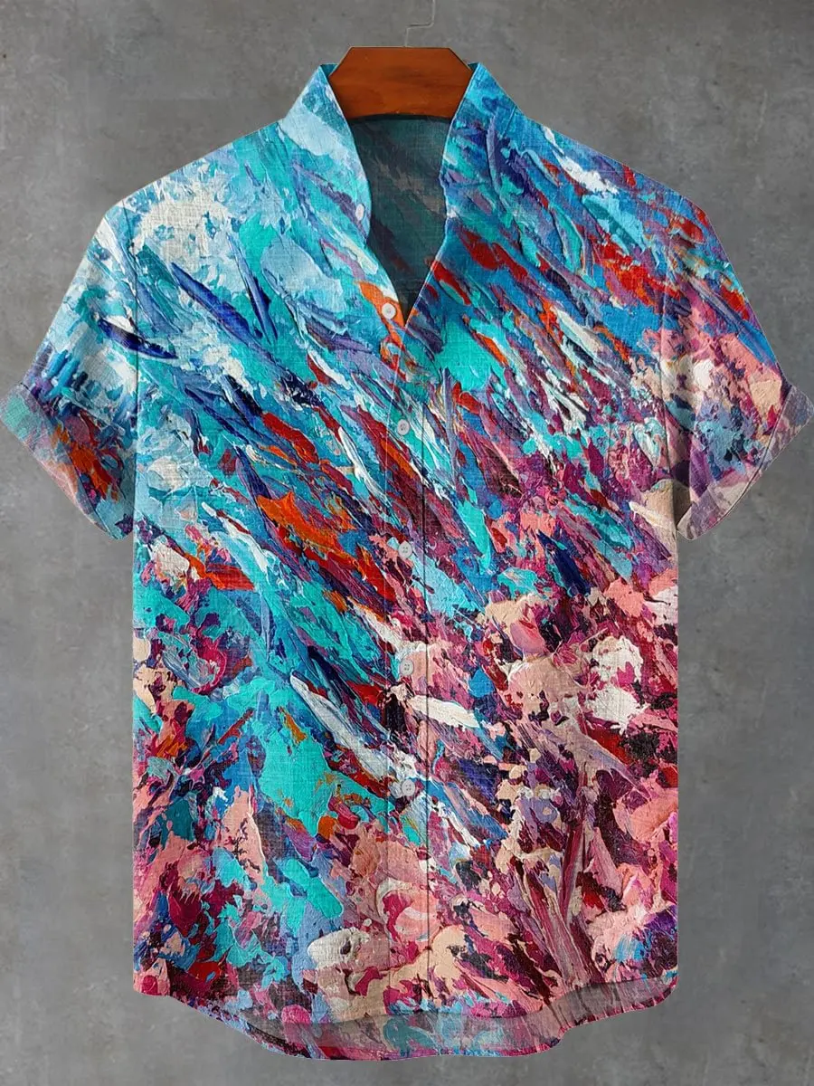 

2025 men's summer casual linen short sleeved shirt, high-quality and fashionable button top, printed with biological patterns