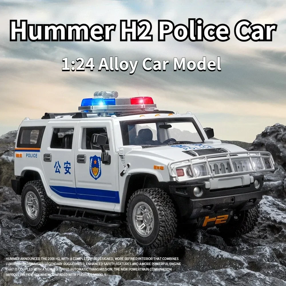 1:24 Hummer H2 Police Car Toy Model Alloy Diecast AWST Cars 6 Doors Opened Sound Light Pull Back Off-road Vehicle Festival Gifts