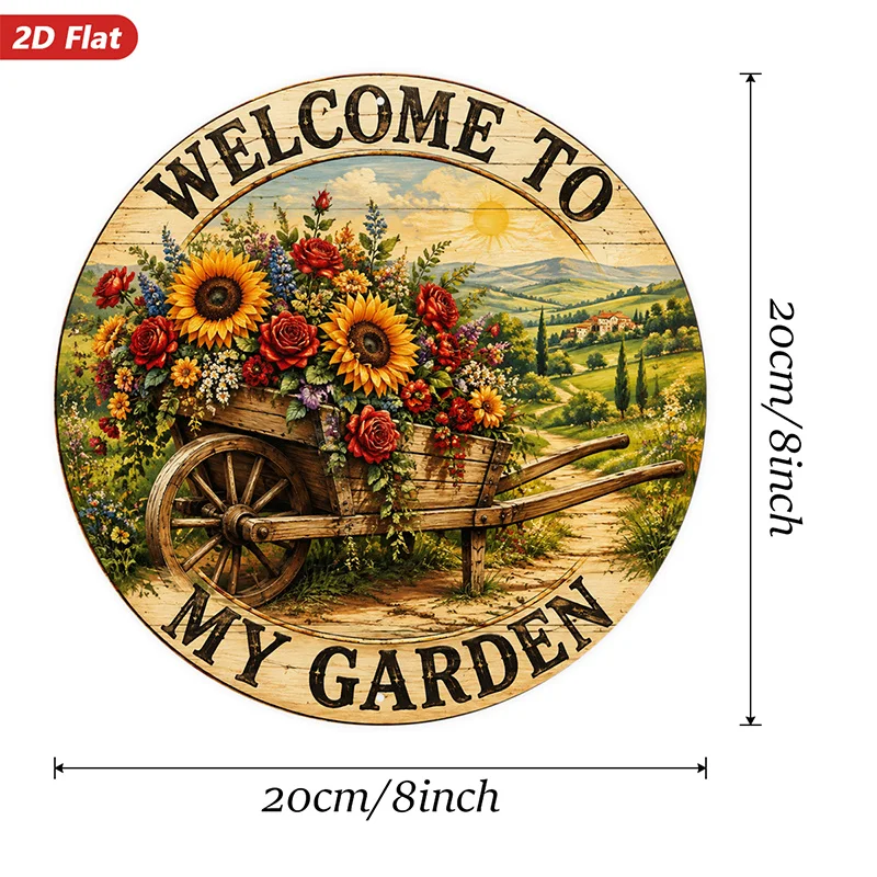 2D Flat, 1pc Welcome Garden Floral Wagon Round Metal Sign Wall Art, Home Decor, Botanical Vintage Style, Natural Boho Mood, Fres