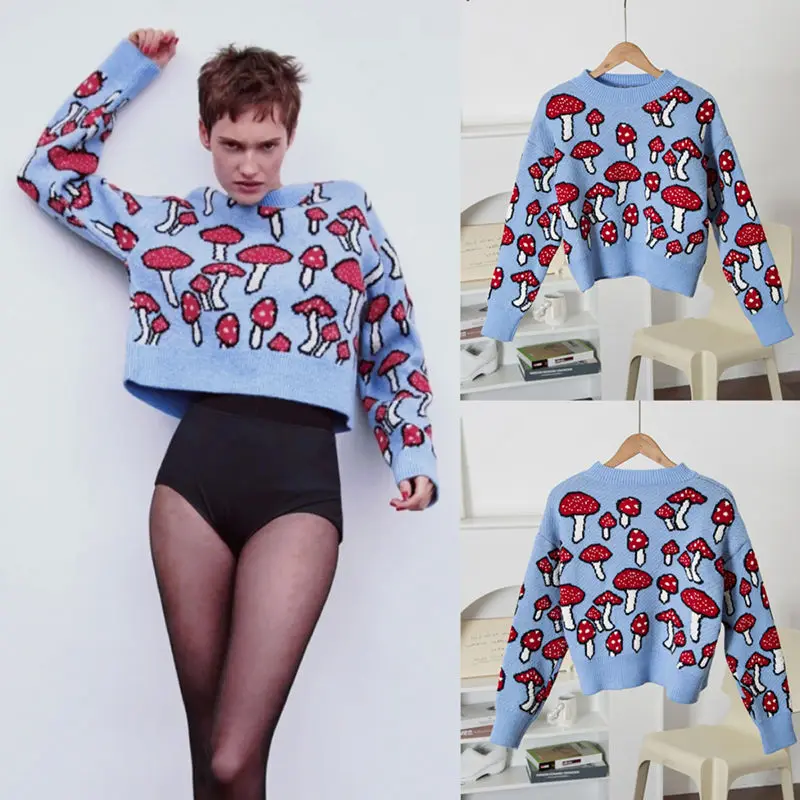 Super Cute Red Mushroom Blue Jacquard Sweater American Hot Girl Short Knit Pullover High Quality Winter Warm Y2K TOP Sweet Women