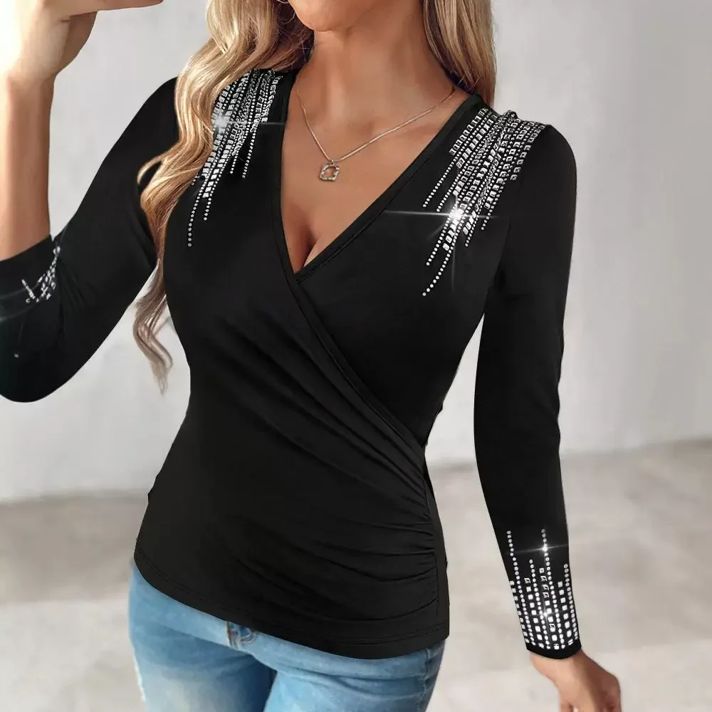 Sexy Fashion Black Blouse Top Rhinestone Decor Ruched V-Neck Top Women Long Sleeve T Shirt