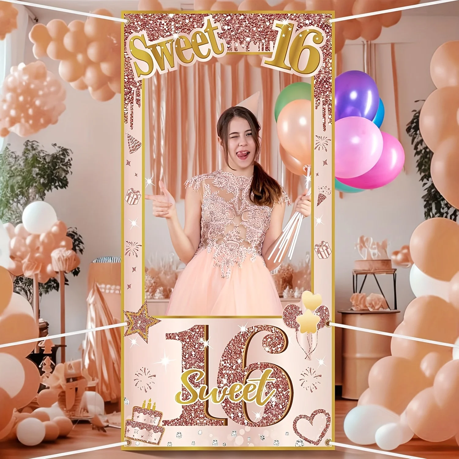 16th Birthday Decorations Photo Booth Props for Girls, Funny Pink Rose Gold Sweet 16 Birthday Door Banner Props Party Supplies