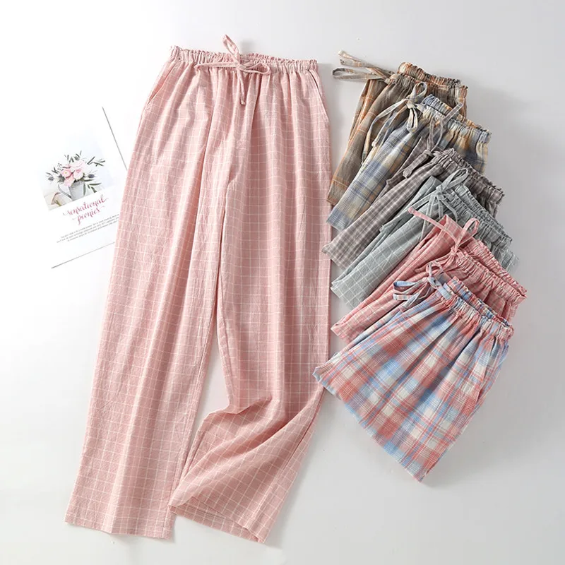 

Lattice Pants Japan Washed Cotton Sleepwear Pure Cotton Men Women Pants All Season Straight Leg Casual Couple Wide Leg Pants New