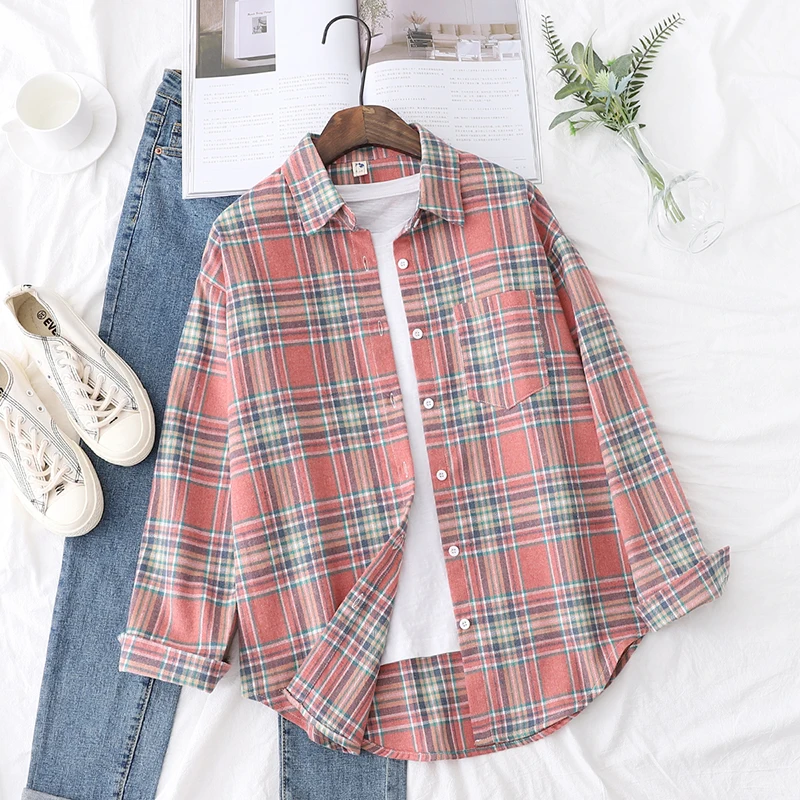 2024 Autumn Loose Casual Women Plaid Shirt Fresh College Style Long Sleeve Blouses And Tops Ladies Flannel Checked Shirt Clothes