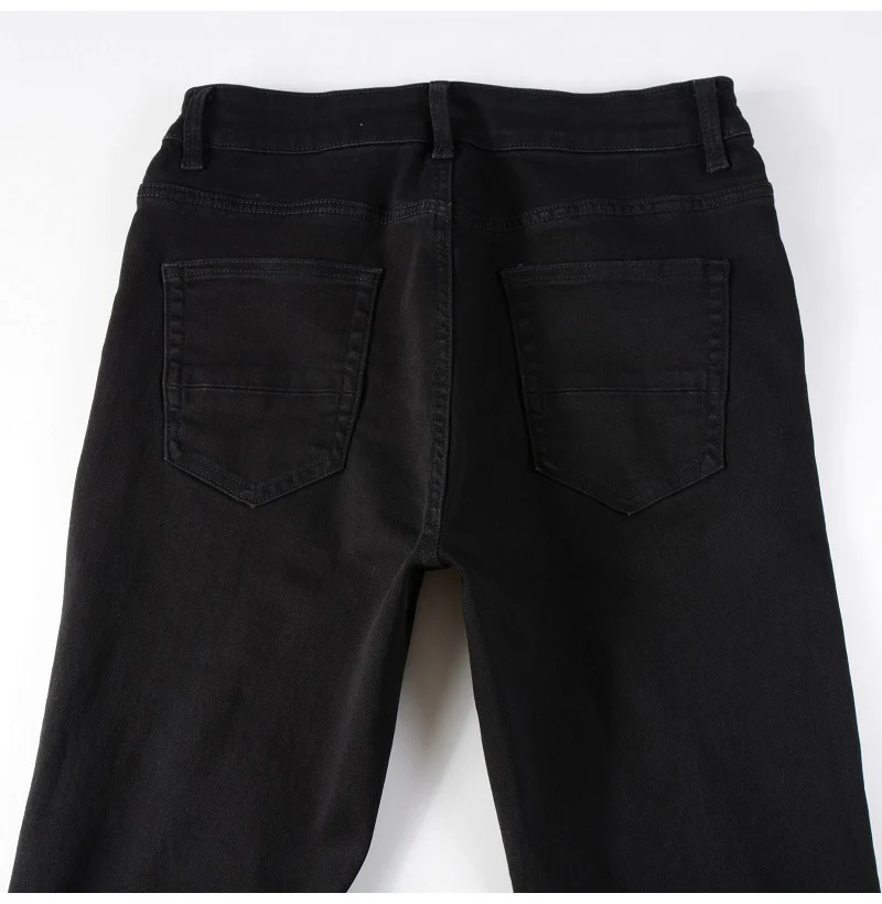 Herren Leder-Patch Biker-Jeans für Motorrad-Streetwear, Löcher, Ripped Patchwork Stretch-Denim-Hose, Schwarze Skinny Tapered Hose – Detail 12