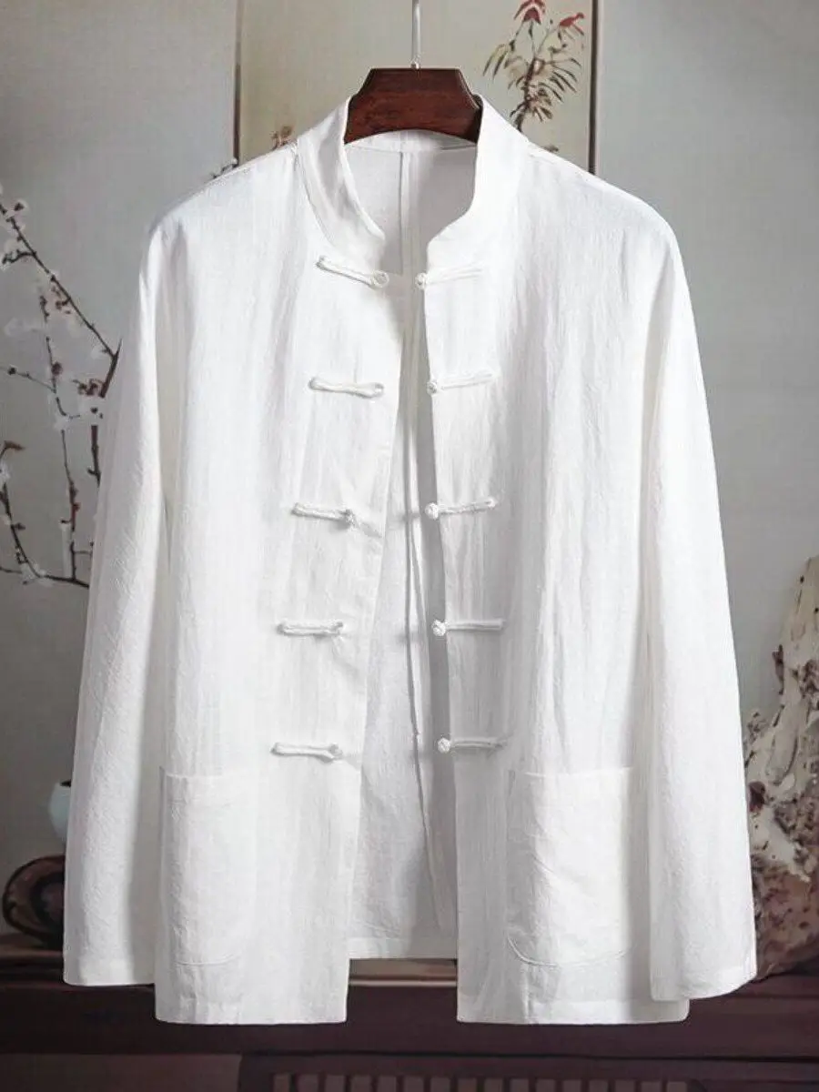 

Cotton Linen Loose Fit Thin Men's Tang Suit Long Sleeve Shirt Chinese Style under Shirt Breathable Comfortable Citywalk Shirt