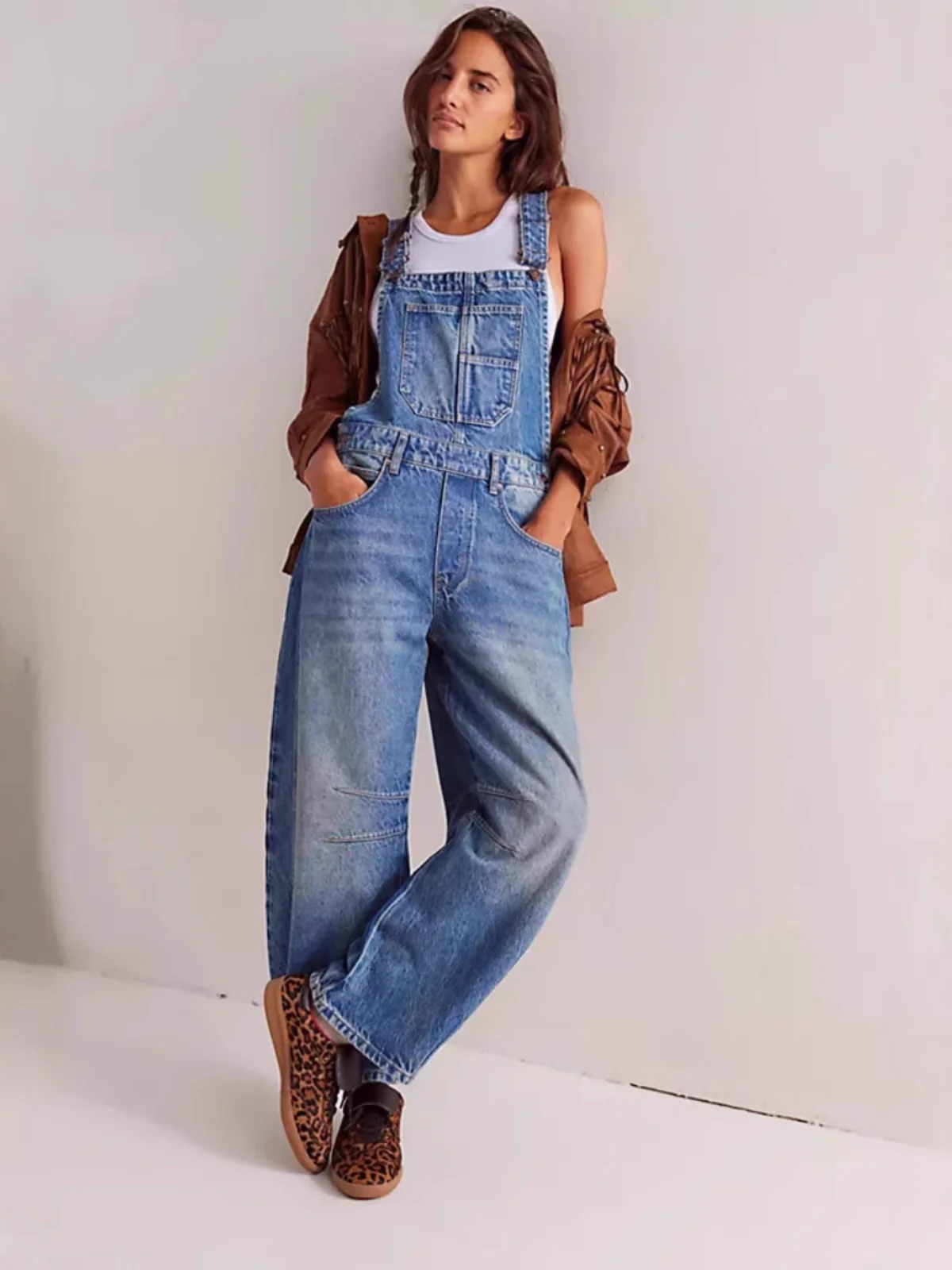

Street Style Vintage Loose Straight Leg Workwear Denim Overalls Women High Waist Long Pants Traditional Blue No Brand