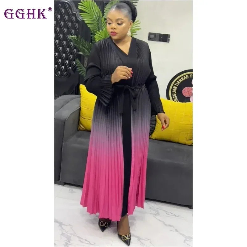 GGHK Women Trench 2025 Spring Autumn New Gradient Color Cardigan Tie Retro Design Loose Large Size Female Elegant Long Jacket