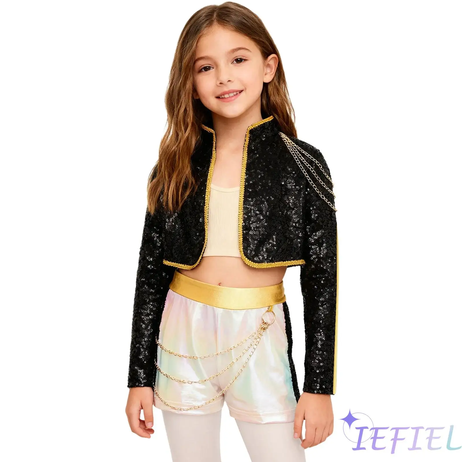 

Kids Girls Demon Cosplay Singer Dance Outfit Sequins Shiny Long Sleeve Gold Webbing Outer Wear And Gloss Waist Chain Shorts