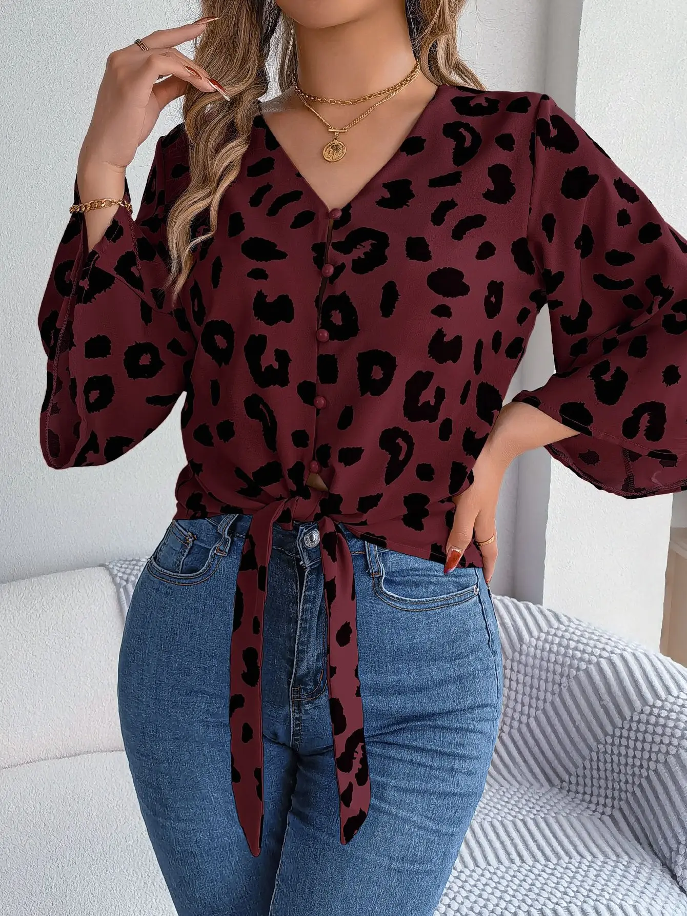 Spring Summer Casual Leopard Print Middle Sleeve Tie Bow Top Women Button Shirt