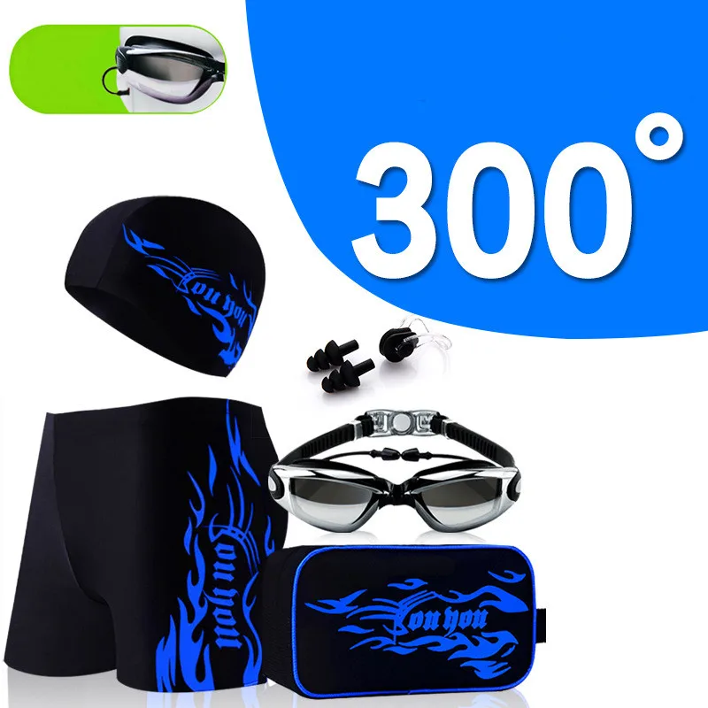 Men's Swimming Set Trunks Myopia Glasses Cap Carry Bag Plus Size Professional Swim Trunks Bathing Shorts Goggles Surfing Jammer