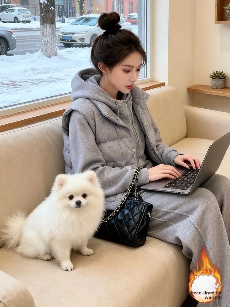 패셔너블 스포츠웨어 세트 여성용 후디 스웨트팬츠 하이웨이스트 엘라스틱 밴드 티피스 겨울용 따뜻한 폴리에스터 섬유