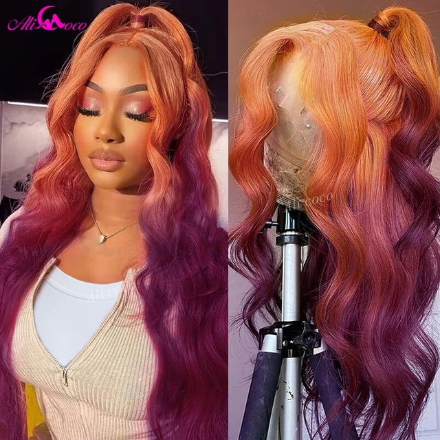 Ginger Purple Human Hair Wig Ombre Lace Front Wig Pre Plucked Body Wave Lace Frontal Wig 13x4 Orange Ginger to Dark Purple AliExpress