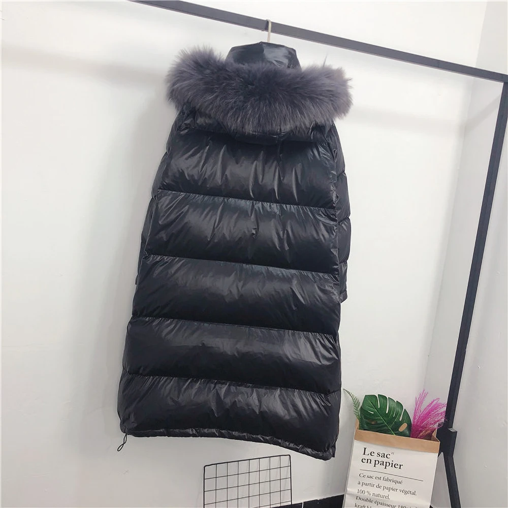 Black Down Jacket Hooded Women's Mid-length Fluffy Large Fur Collar Thickened Loose White Duck Gown Coats 2023 Winter New