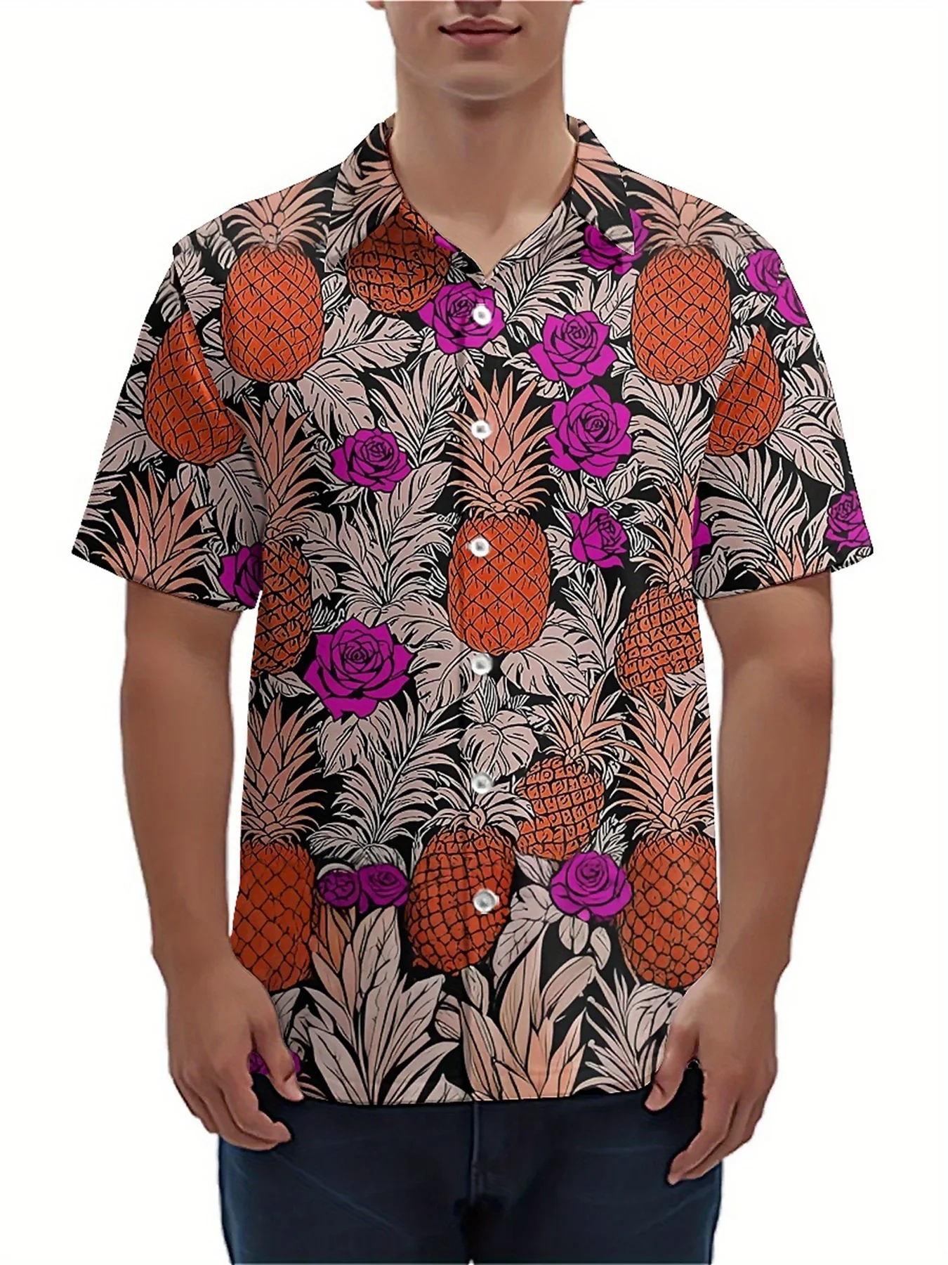 Men's Hawaiian Shirt - Pineapple and Rose Flower Pattern, Brown Large Size Aloha Shirt, Tropical Plant 3D Print,  Beach Clothes
