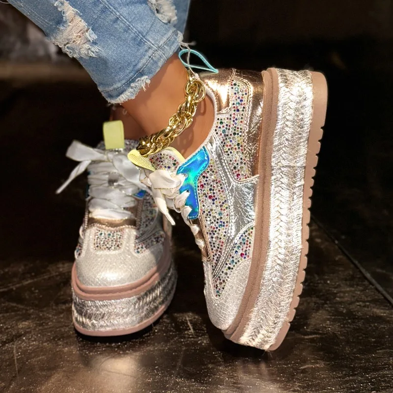 Fashion Full Diamond Platform Round Toe Lace-up Single Shoes Women's Summer New Versatile Sports Casual Shoes