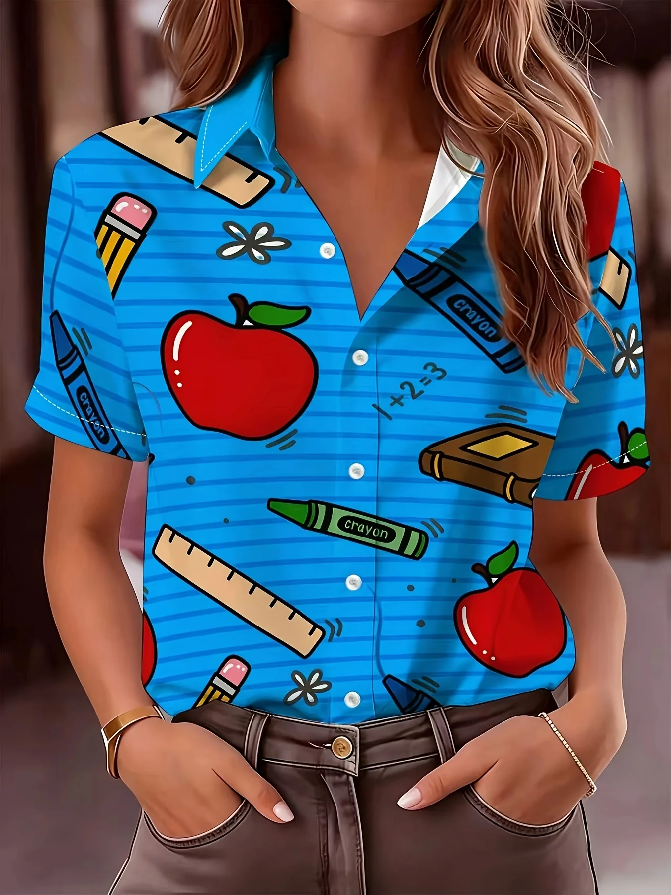 Damen-Langarmshirt mit Cartoon-Apfel- und Schreibwaren-Print, lässig, normale Passform, bequem, vielseitig, für Pendler, für den täglichen Gebrauch – Detail 7