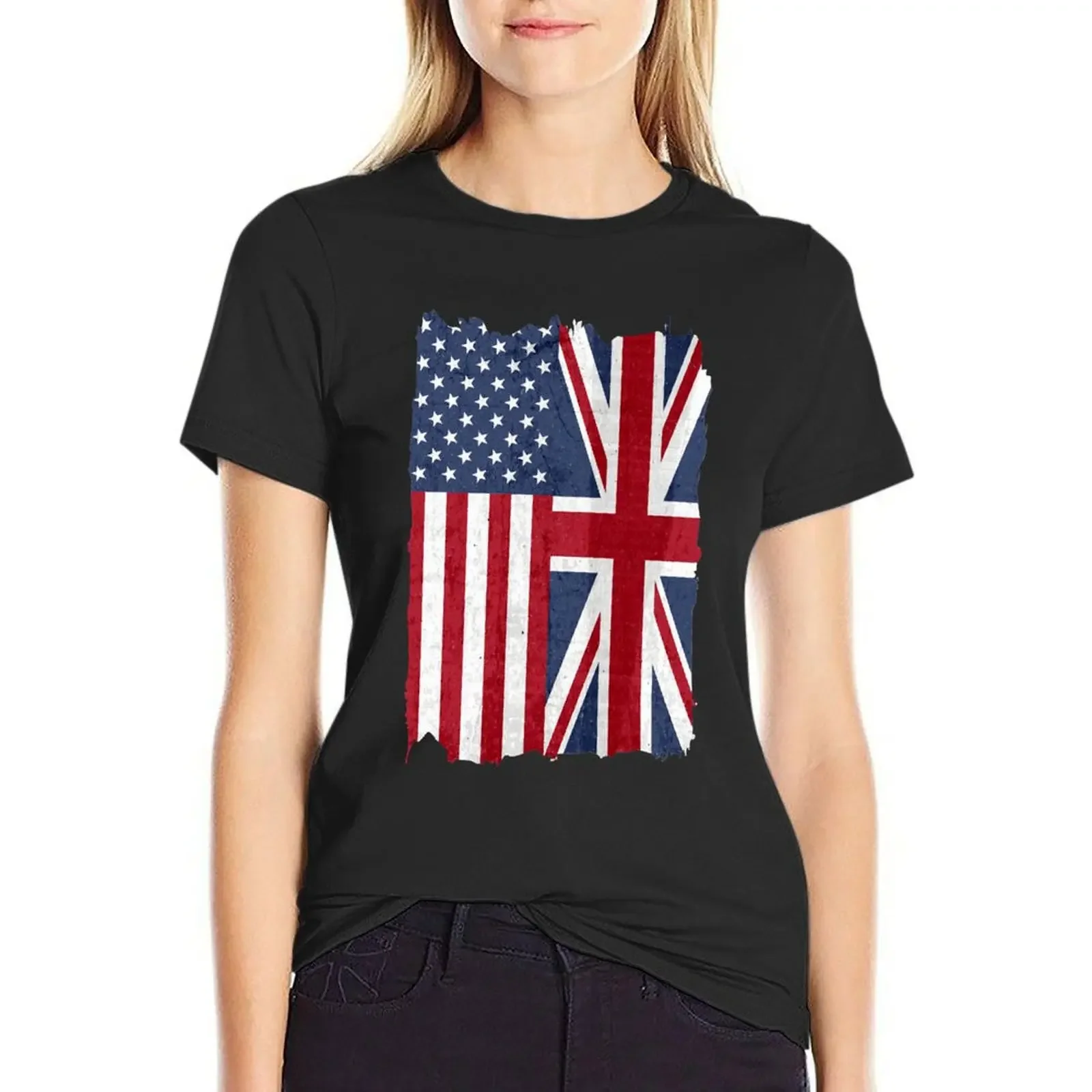 United States with United Kingdom Flag Mix US and UK Union Jack Classic T-Shirt summer top korean fashion Women clothes