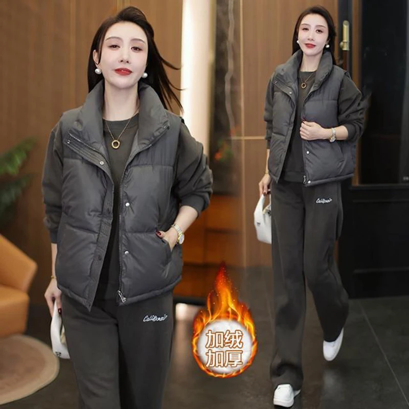 Fashion three piece set winter 2025 stand up collar vest with thick velvet round neck pullover casual straight leg pants