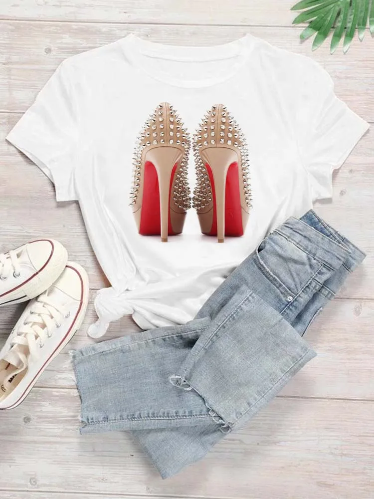 Maycaur 새로운 하이힐 와인 안경 그래픽 인쇄 T 셔츠 여성 재미 있은 Tshirts 캐주얼 흰색 반팔 탑 티셔츠 Feamle Clothes