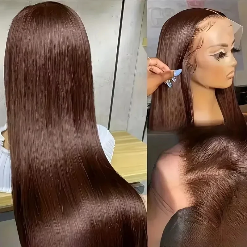 13x4 HD Lace Front Chocolate Brown Straight 13x6 Lace Frontal Wigs Human Hair  Colored Deep Wave Human Hair Wigs For Women 220 Density Preplucked view 3