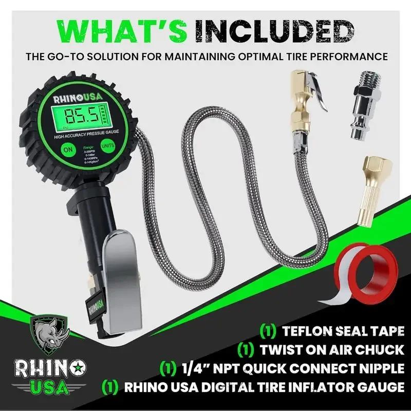 Rhino USA 디지털 타이어 팽창기, 압력 게이지 (0-200 PSI), ANSI B40.7, 정확한 2 인치 글로우 다이얼, 브레이드 호스, 황동 하드웨어