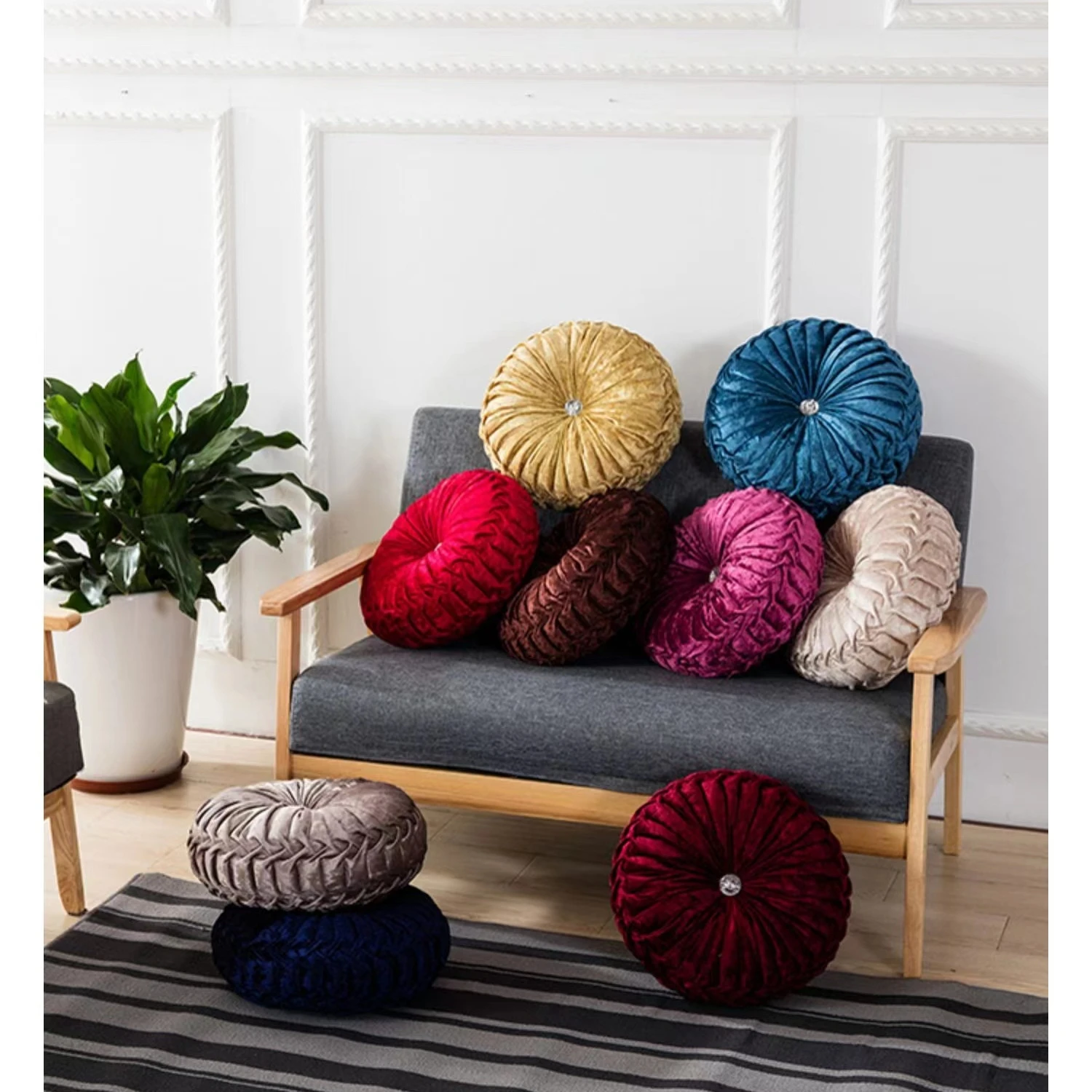 35/40cm European Style Round Solid Pouf Seat Cushion Velvet Fabric Back Cushion for Home Sofa Pillow Bed Pillow 9 Colors