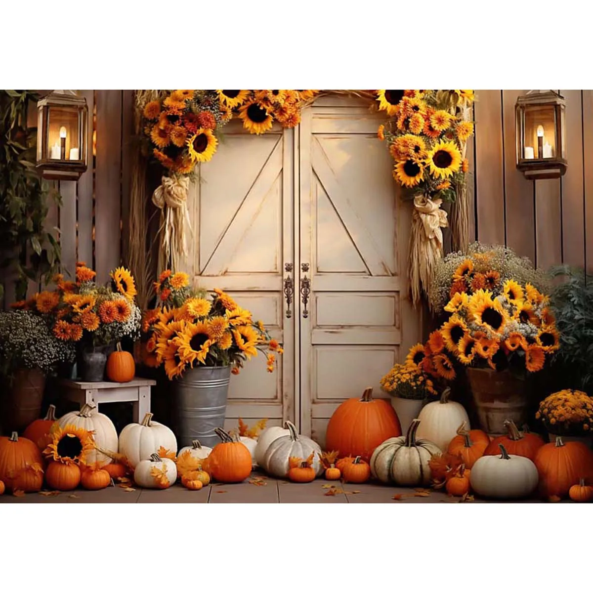 Allenjoy Autumn Sunflower Pumpkin Barn Door Backdrop