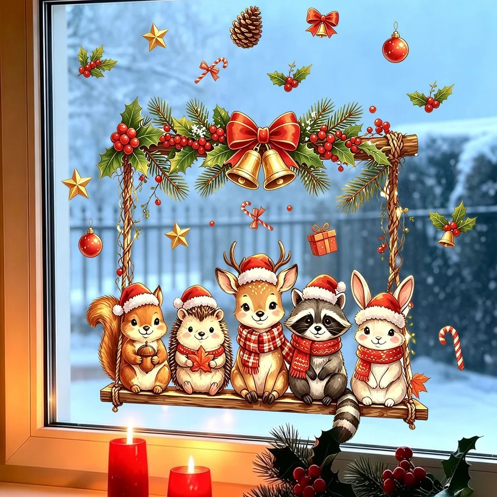 Cartoon Animal Swing Christmas Window Sticker PVC For static Cling Reusable Glass Decoration 29x38cm Festive Decor
