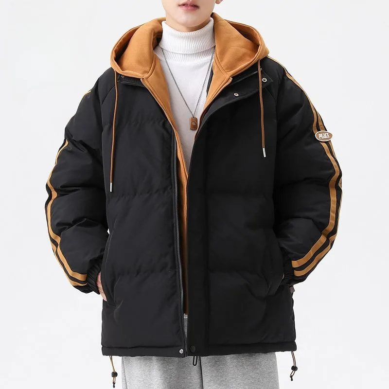 2023 New Men Cotton Coat Autumn Winter Jacket False Two Pieces Plus Fleece Thick Warm Parkas Loose Trend Outwear Hooded Overcoat