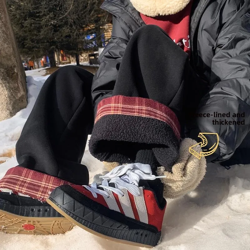 กางเกงลำลองทรงตรงขากว้างสไตล์อเมริกันเรโทรลายสก็อตต่อผ้าบุซับในสำหรับผู้หญิง ให้ความอบอุ่น ทรงหลวม สไตล์สตรีท