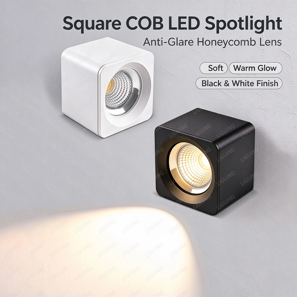 Square Surface Mounted COB LED Spotlight Anti-Glare Cube LED Downlight No Cutout Black White Lamp Residential Commercial Indoor