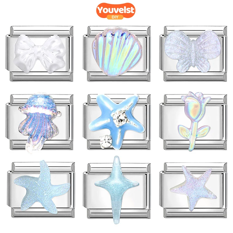 

Youvelst Ocean Series Butterfly Shell Jellyfish Starfish Italian Charm Links Fit 9mm Bracelet Stainless Steel DIY Jewelry Making