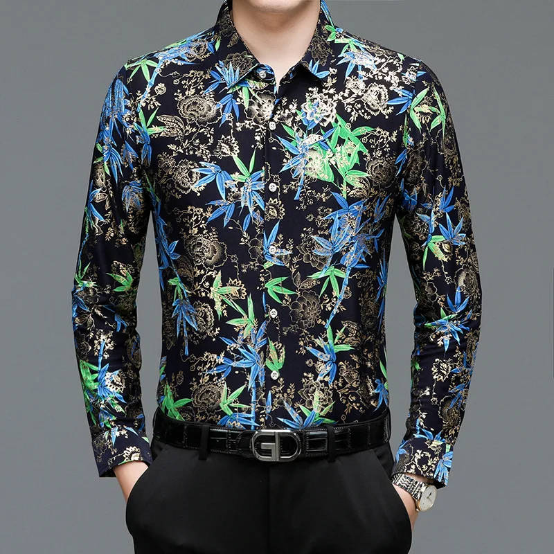 Heren Shirt Gepersonaliseerde Trendy Print Lange Mouw Dun Shirt Lente En Herfst Bloemen Shirt