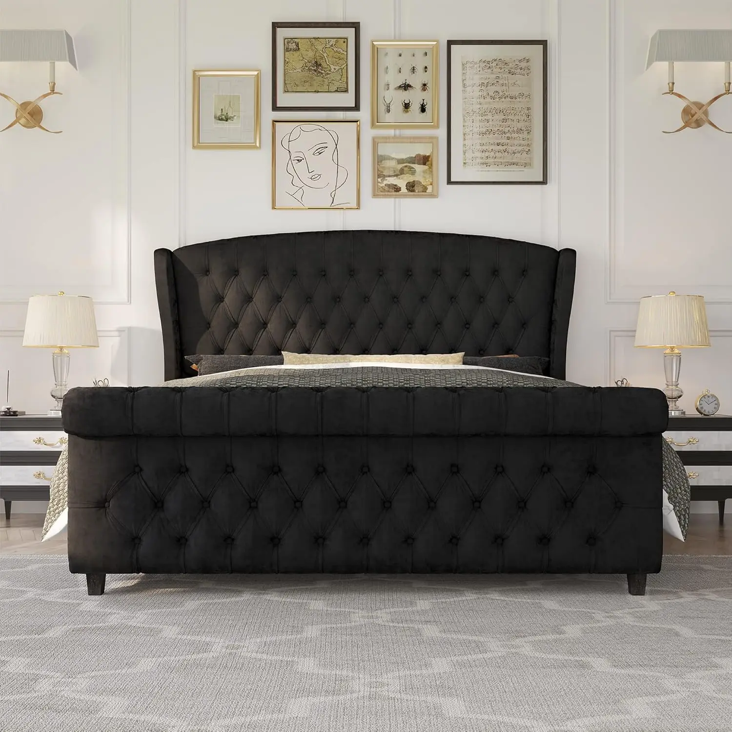 Queen Size Platform Bed Frame, Velvet Upholstered Sleigh Bed with Scroll Wingback Headboard Footboard/Button TuftedBlack image 3