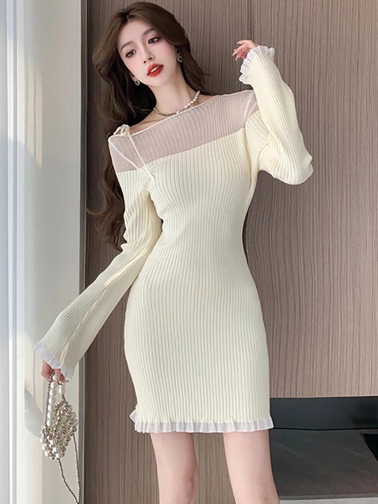 2024 Black Knitted Sheer Sexy Mini Dress Women Elegant Chic Ruffled Party Vestidos Autumn Winter Korean Bodycon Sweater Dresses