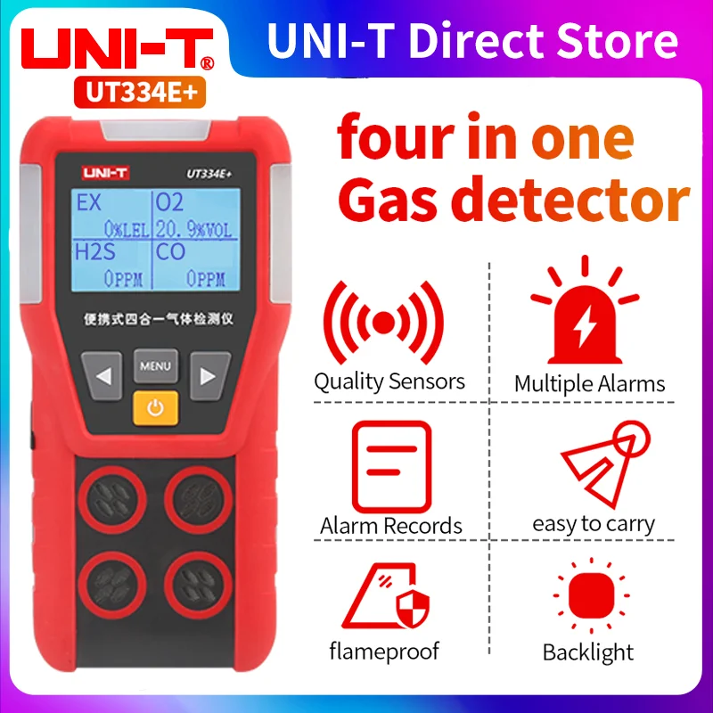 UT334E+ UNI-T Multi Gas Detector O2 CO H2S Combustible Gases Oxygen Carbon Monoxide Hydrogen Sulfide 4 in 1 Gas Leak Detector