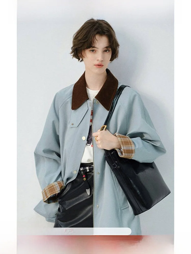 

Женская винтажная свободная повседневная куртка в клетку больших размеров Rui, новая весенняя модель, цветная верхняя одежда, длинный рукав, воротник-стойка