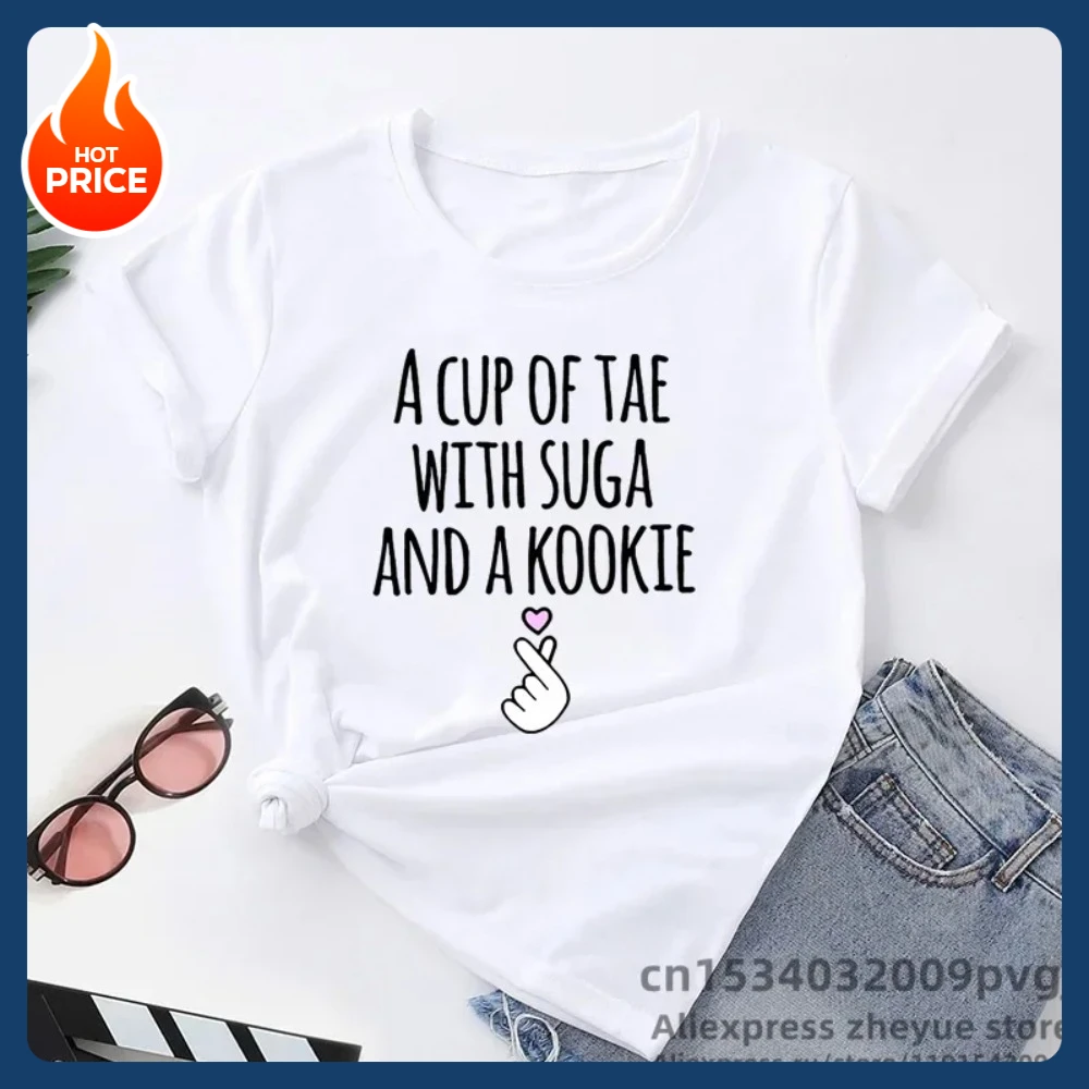 A Cup of Tae and A Kookie Printed T-Shirt Women/Men Hip Hop Fashion Classic Creative Pullover Oversized Y2K Streetwear