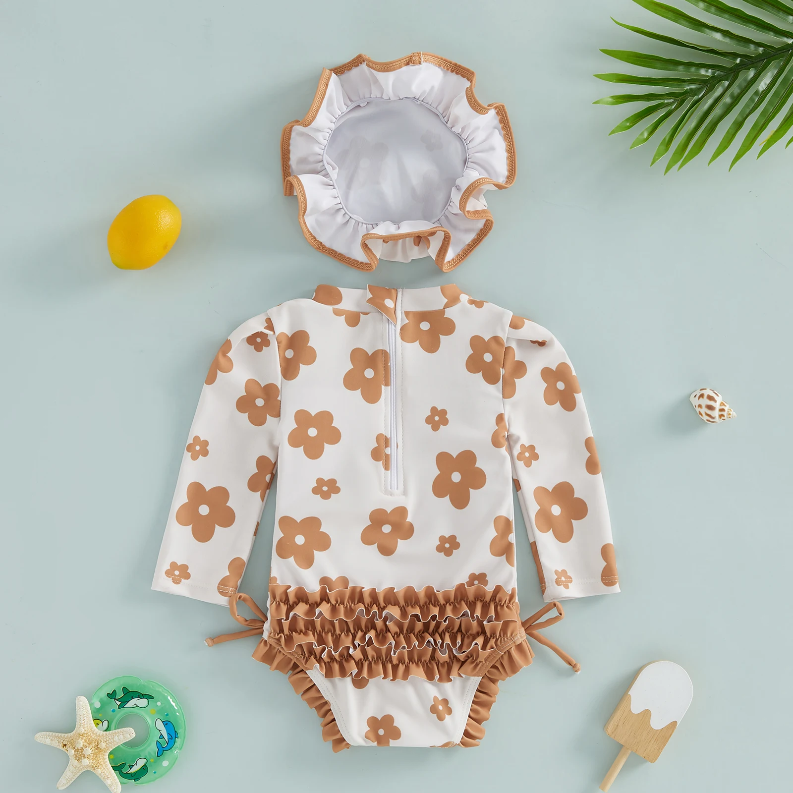 Toddler Kids Baby Girls Summer Rash Guard Swimsuits Long Sleeve Flower/Bow Print Ruffles Swimwear with Hats Bathing Suits