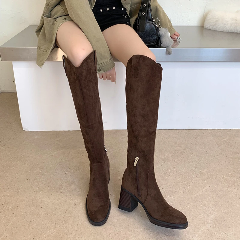 Women Knee High Boots Faux Suede Side Zipper Chunky Block Heel Round Toe Autumn Winter Lady Tall Boots Casual Street Boots Shoes - view 4