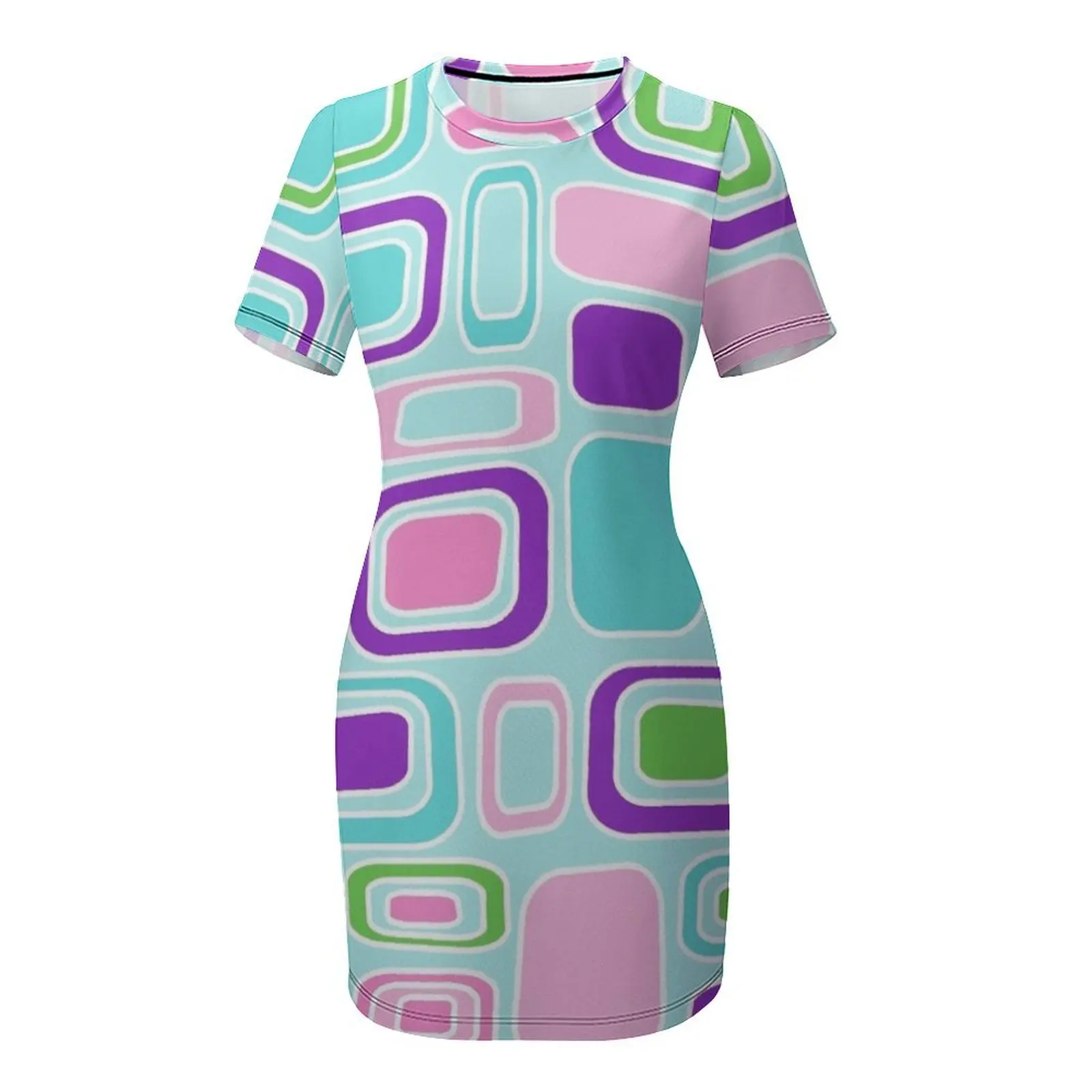 Impressão geométrica moderna de meados do século - rosa roxo aqua turquesa verde retângulo quadrados vestido de manga curta vestido de baile