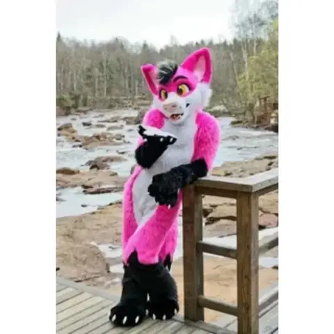 White Fursuit Rose Red Husky Dog Mascot Costume Long Fur Adult Walking Doll for Halloween Performance