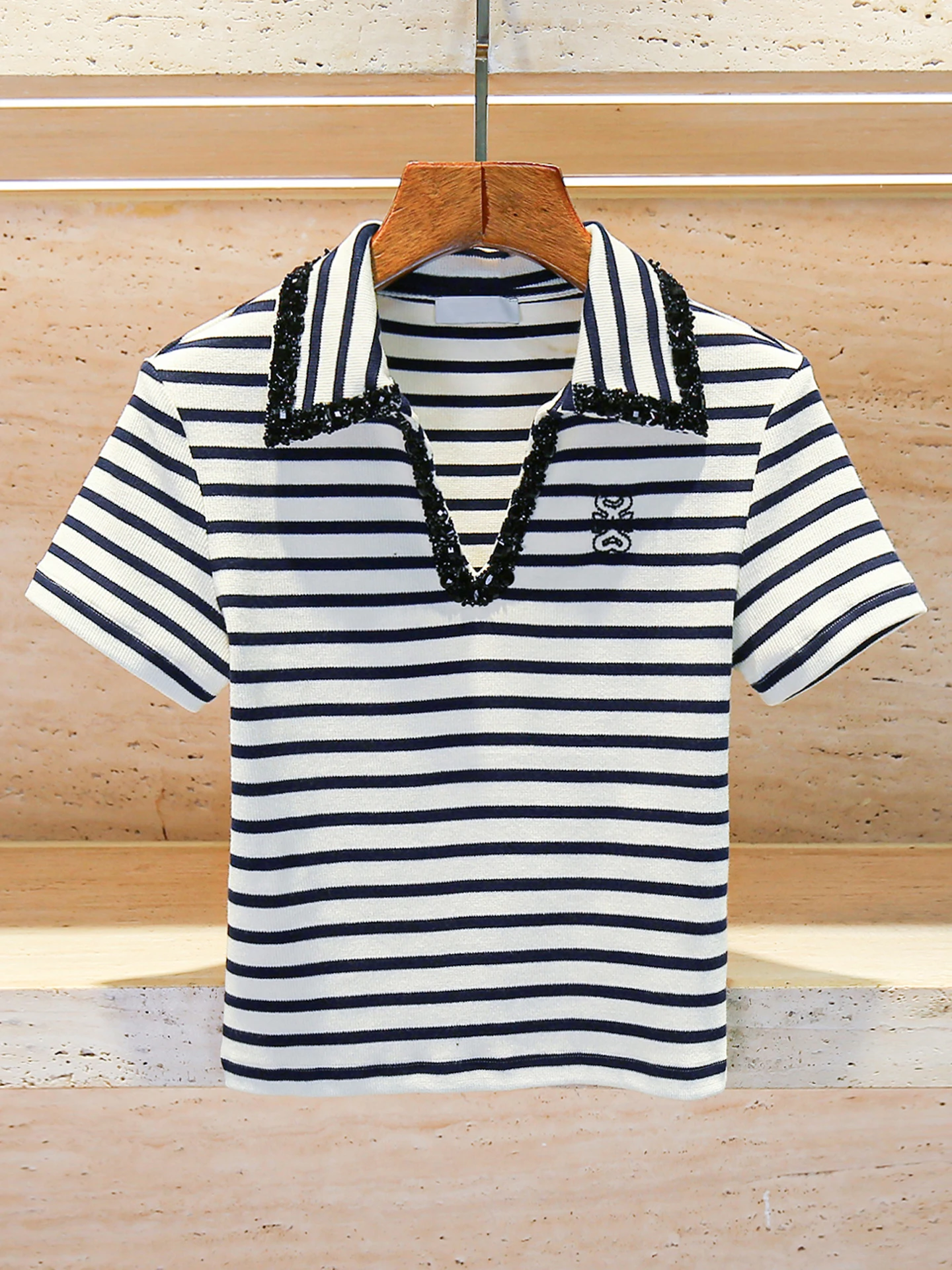 Summer Women's Slim Fit Striped Knit T-Shirt with Pearl Embellishment Classic Commute Style Short Sleeve Flip Collar Top