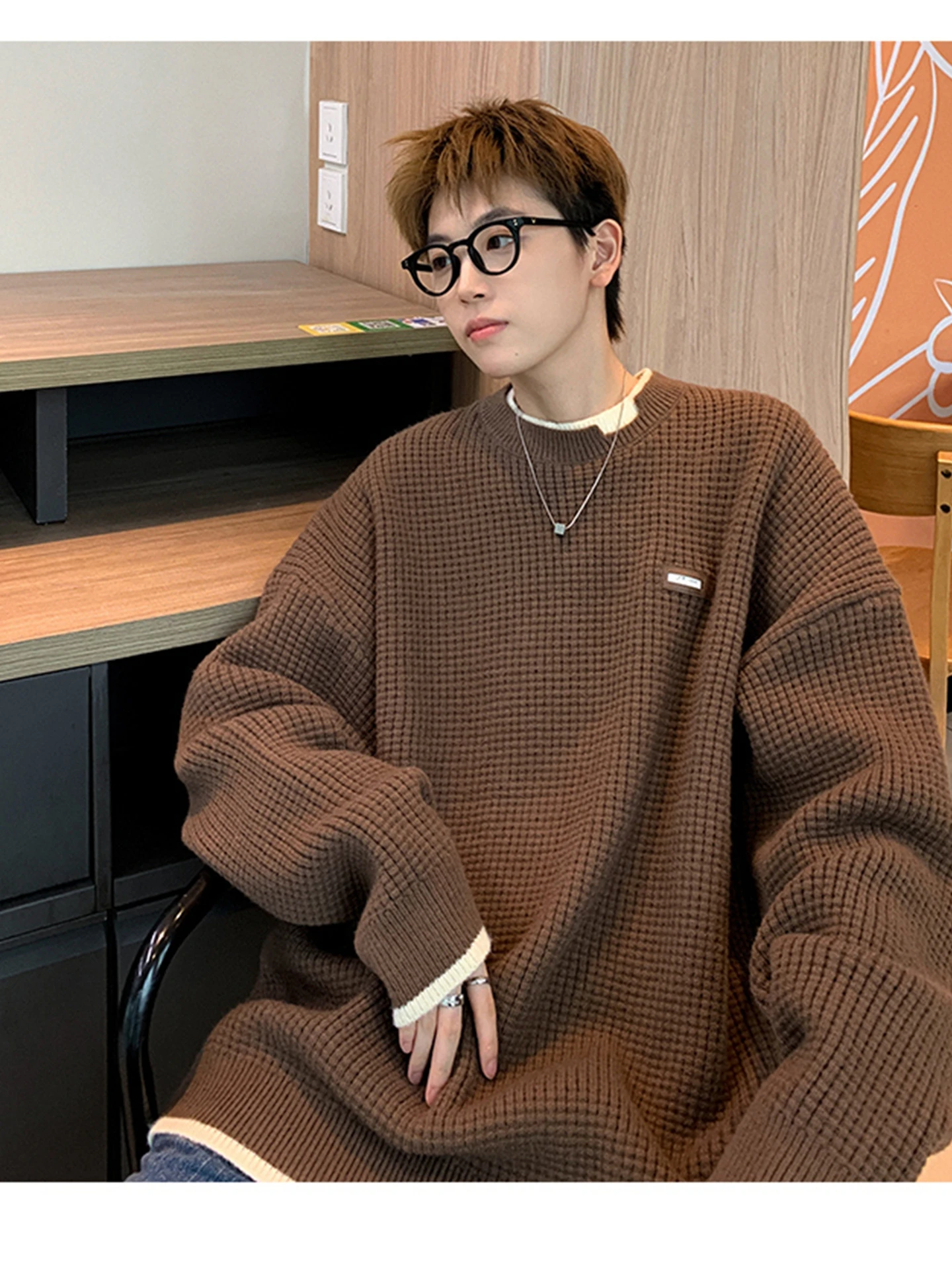 

Свободный крой, мужской круглый трикотаж с принтом Ne, свитер с базовым слоем Lazy Sle, удобный оверсайз, высококачественный длинный свеч S...