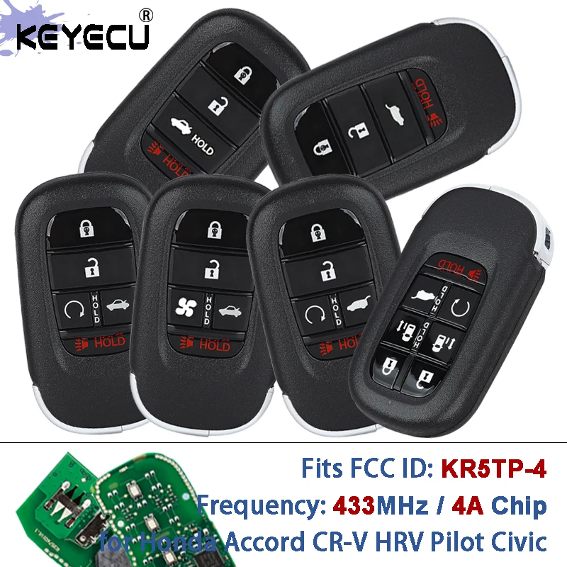 KEYECU 433MHz 4A Chip FCC ID: KR5TP-4 72147-T43-A11 Smart Remote Key Fob for Honda CR-V Civic HR-V Pilot Accord 2022-2024