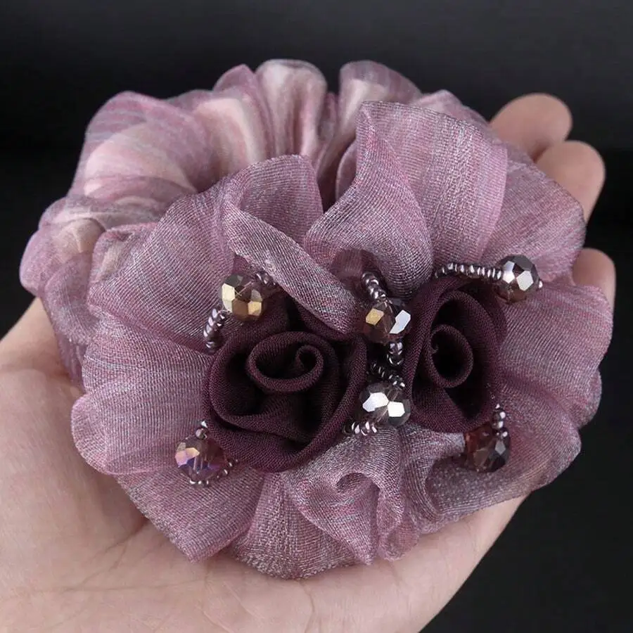 

Elegant Floral Mesh Scrunchie Hair Tie With Crystal Beads For Women